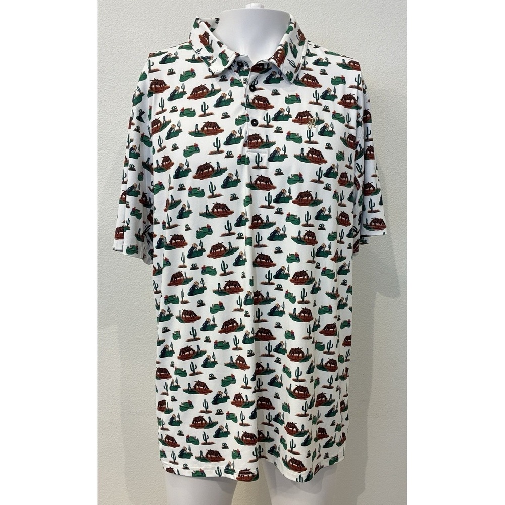 Hooey The Weekender Cowboy Golf Polo Shirt XL White Cactus Golf AOP